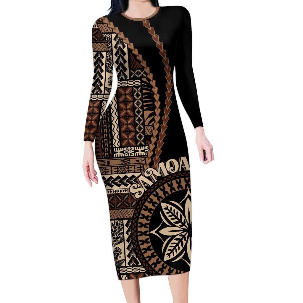 Samoa Siapo Motif Long Sleeve Bodycon Dress Classic Style - Black Ver LT7 Long Dress Black - Polynesian Pride