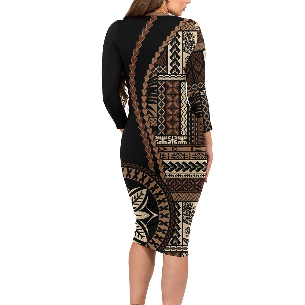 Samoa Siapo Motif Long Sleeve Bodycon Dress Classic Style - Black Ver LT7 - Polynesian Pride