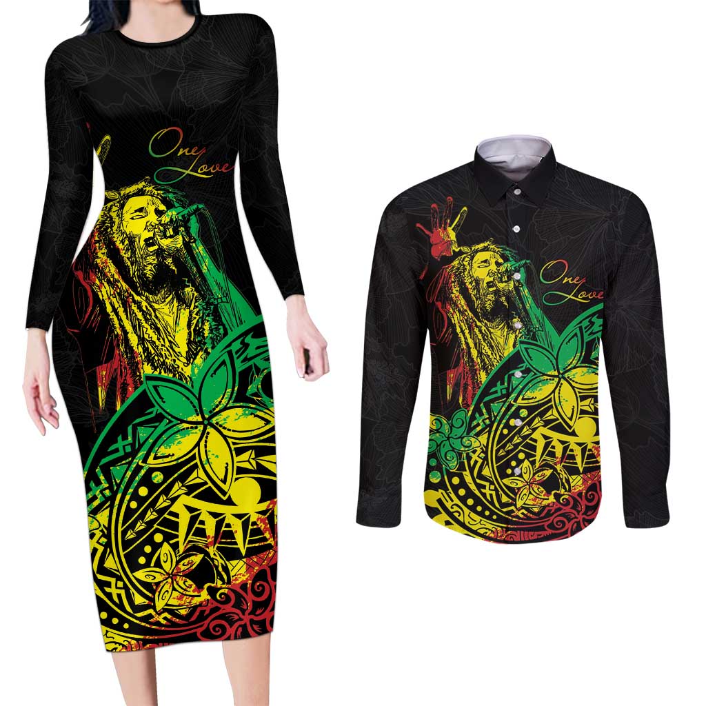 Personalised Reggae Jawaiian Festive Couples Matching Long Sleeve Bodycon Dress and Long Sleeve Button Shirt Mix Polynesian