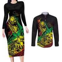Personalised Reggae Jawaiian Festive Couples Matching Long Sleeve Bodycon Dress and Long Sleeve Button Shirt Mix Polynesian