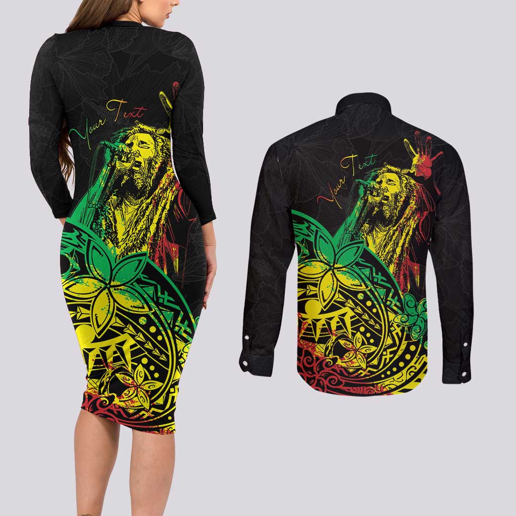 Personalised Reggae Jawaiian Festive Couples Matching Long Sleeve Bodycon Dress and Long Sleeve Button Shirt Mix Polynesian