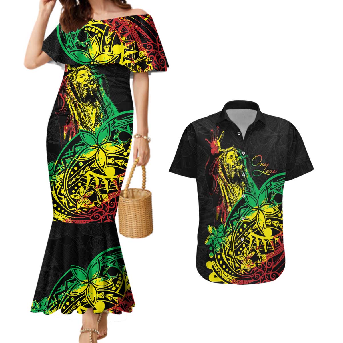 Personalised Reggae Jawaiian Festive Couples Matching Mermaid Dress and Hawaiian Shirt Mix Polynesian