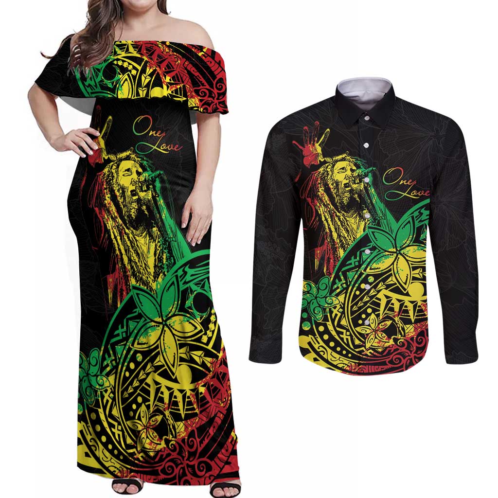 Personalised Reggae Jawaiian Festive Couples Matching Off Shoulder Maxi Dress and Long Sleeve Button Shirt Mix Polynesian