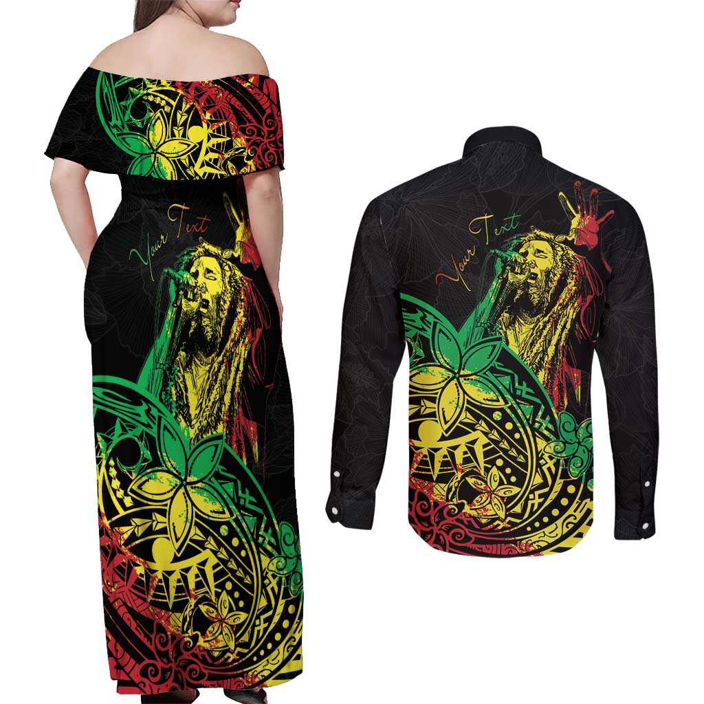 Personalised Reggae Jawaiian Festive Couples Matching Off Shoulder Maxi Dress and Long Sleeve Button Shirt Mix Polynesian