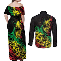 Personalised Reggae Jawaiian Festive Couples Matching Off Shoulder Maxi Dress and Long Sleeve Button Shirt Mix Polynesian