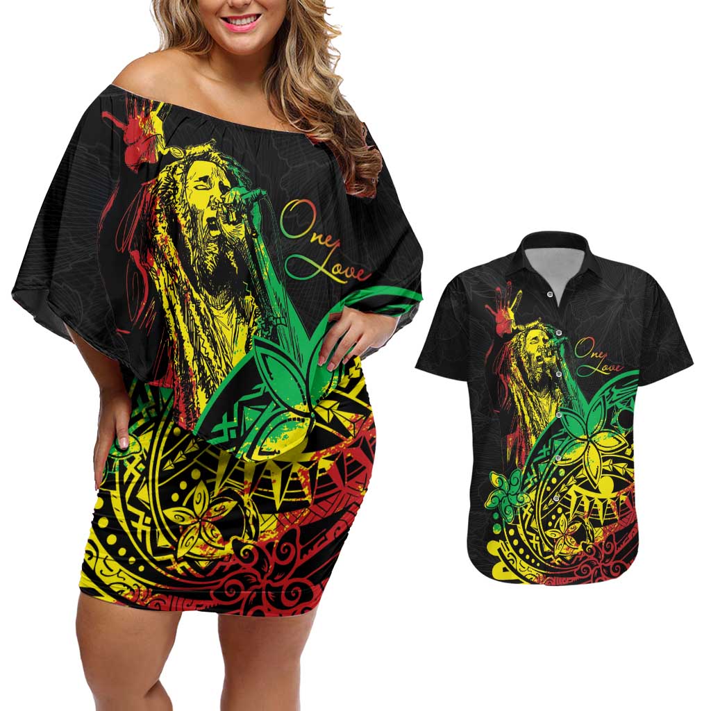 Personalised Reggae Jawaiian Festive Couples Matching Off Shoulder Short Dress and Hawaiian Shirt Mix Polynesian