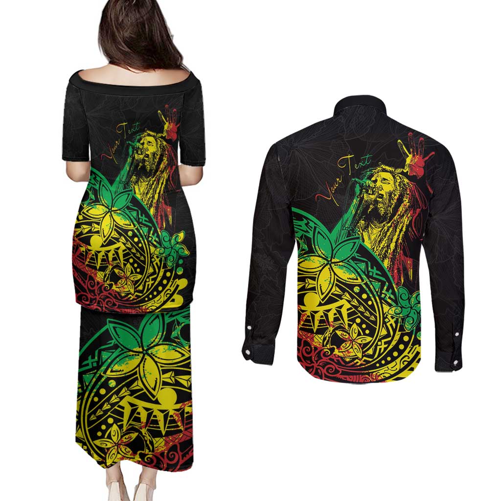 Personalised Reggae Jawaiian Festive Couples Matching Puletasi and Long Sleeve Button Shirt Mix Polynesian
