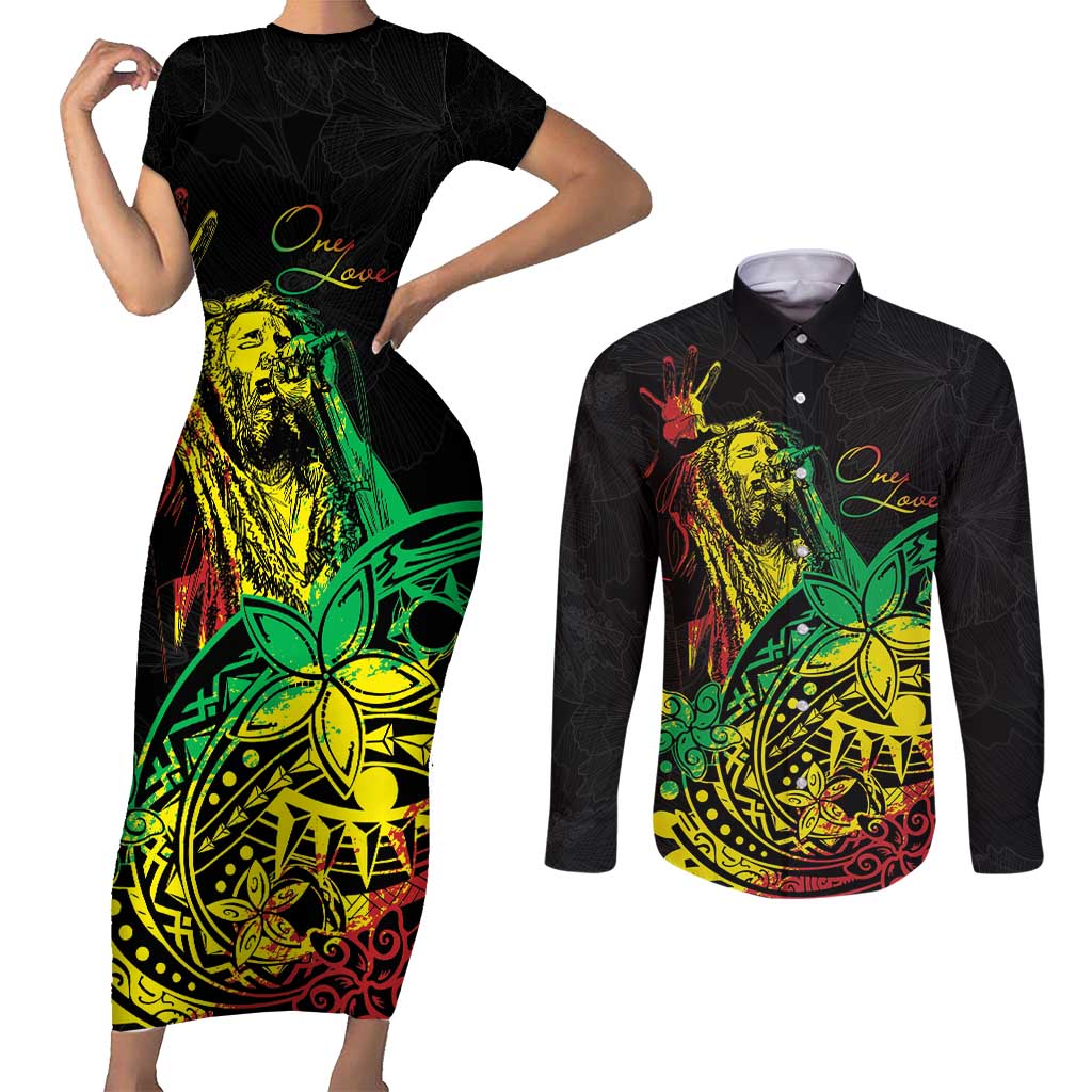 Personalised Reggae Jawaiian Festive Couples Matching Short Sleeve Bodycon Dress and Long Sleeve Button Shirt Mix Polynesian