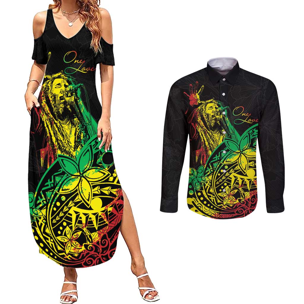 Personalised Reggae Jawaiian Festive Couples Matching Summer Maxi Dress and Long Sleeve Button Shirt Mix Polynesian