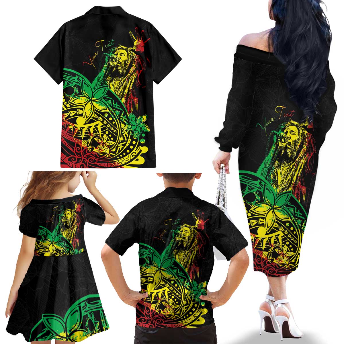 Personalised Reggae Jawaiian Festive Family Matching Off The Shoulder Long Sleeve Dress and Hawaiian Shirt Mix Polynesian