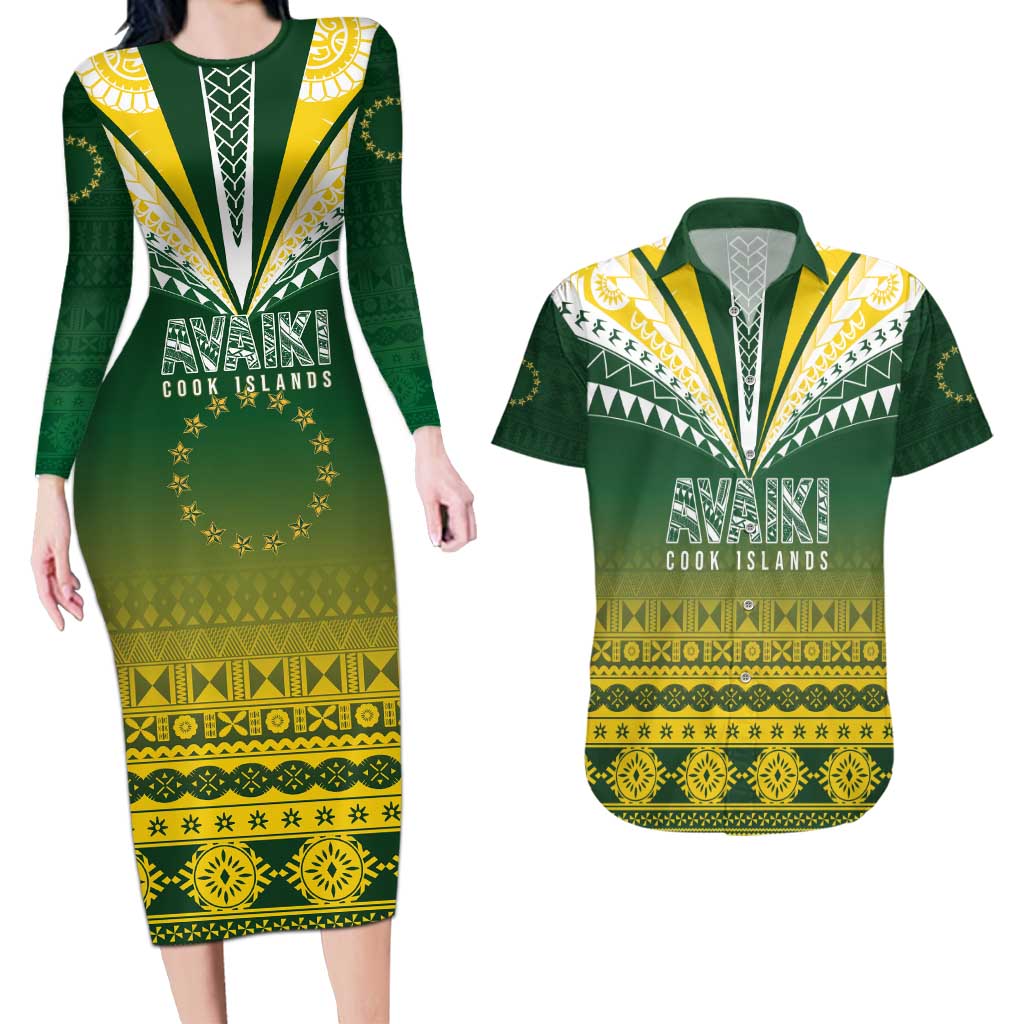 Cook Islands Rugby Custom Couples Matching Long Sleeve Bodycon Dress and Hawaiian Shirt Kuki Avaiki - Polynesian Pride