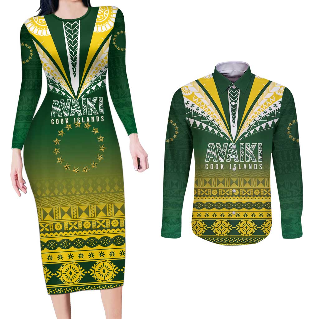 Cook Islands Rugby Custom Couples Matching Long Sleeve Bodycon Dress and Long Sleeve Button Shirt Kuki Avaiki LT7 Yellow Green - Polynesian Pride