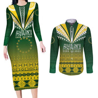 Cook Islands Rugby Custom Couples Matching Long Sleeve Bodycon Dress and Long Sleeve Button Shirt Kuki Avaiki LT7 Yellow Green - Polynesian Pride