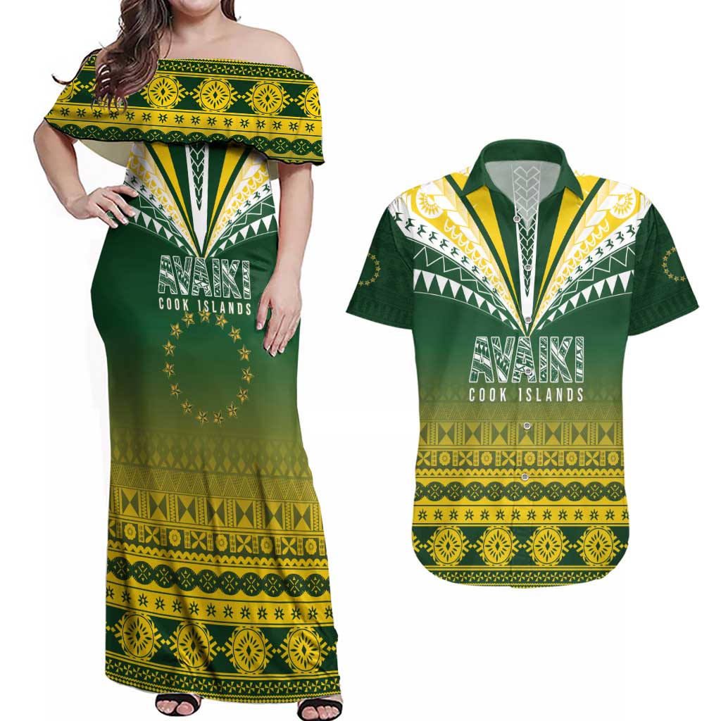 Cook Islands Rugby Custom Couples Matching Off Shoulder Maxi Dress and Hawaiian Shirt Kuki Avaiki - Polynesian Pride