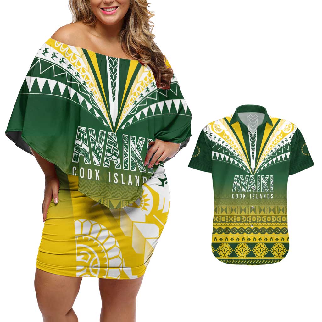 Cook Islands Rugby Custom Couples Matching Off Shoulder Short Dress and Hawaiian Shirt Kuki Avaiki - Polynesian Pride