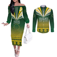 Cook Islands Rugby Custom Couples Matching Off The Shoulder Long Sleeve Dress and Long Sleeve Button Shirt Kuki Avaiki LT7 Yellow Green - Polynesian Pride