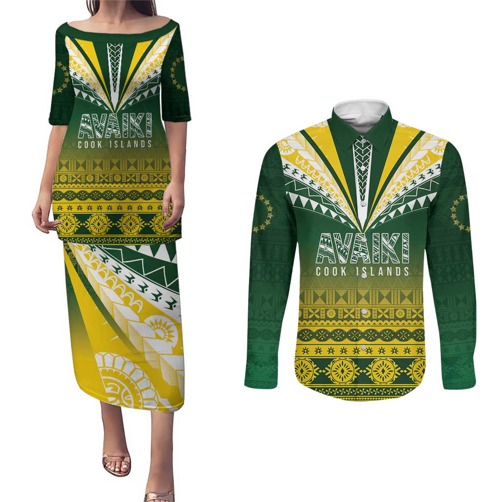 Cook Islands Rugby Custom Couples Matching Puletasi and Long Sleeve Button Shirt Kuki Avaiki LT7 Yellow Green - Polynesian Pride