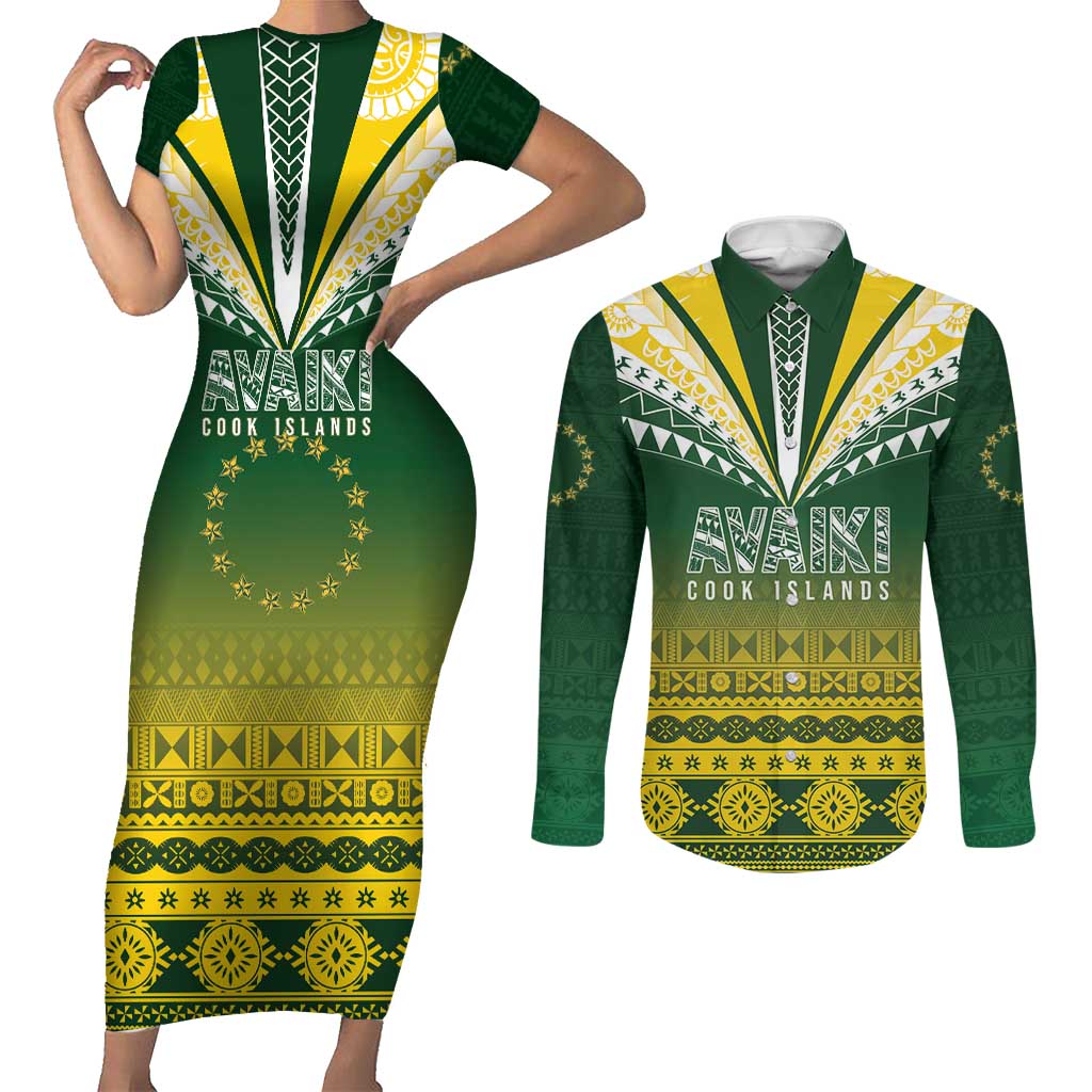 Cook Islands Rugby Custom Couples Matching Short Sleeve Bodycon Dress and Long Sleeve Button Shirt Kuki Avaiki LT7 Yellow Green - Polynesian Pride