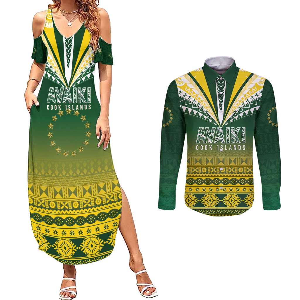 Cook Islands Rugby Custom Couples Matching Summer Maxi Dress and Long Sleeve Button Shirt Kuki Avaiki - Polynesian Pride