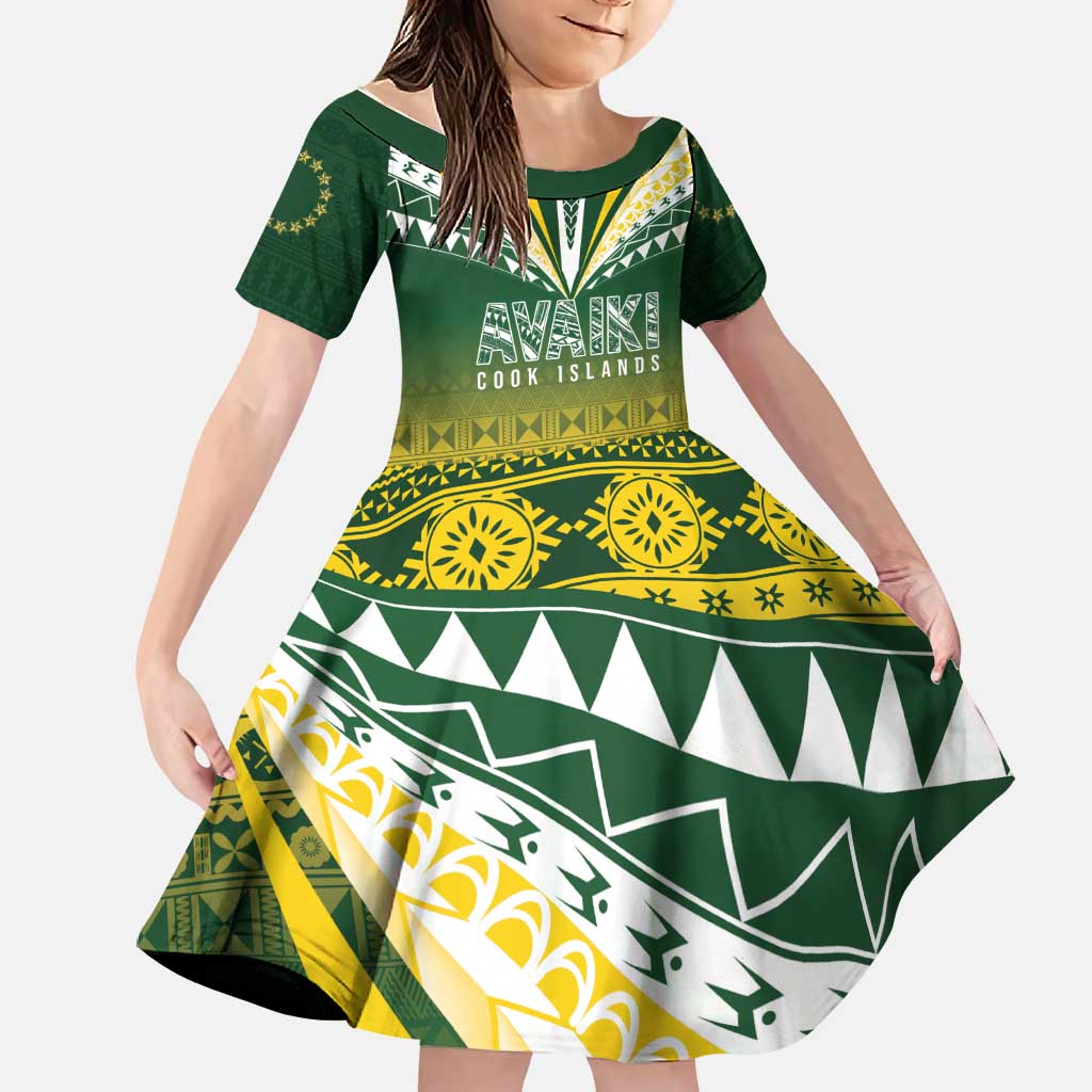 Cook Islands Rugby Custom Family Matching Puletasi and Hawaiian Shirt Kuki Avaiki LT7 Daughter's Dress Yellow Green - Polynesian Pride
