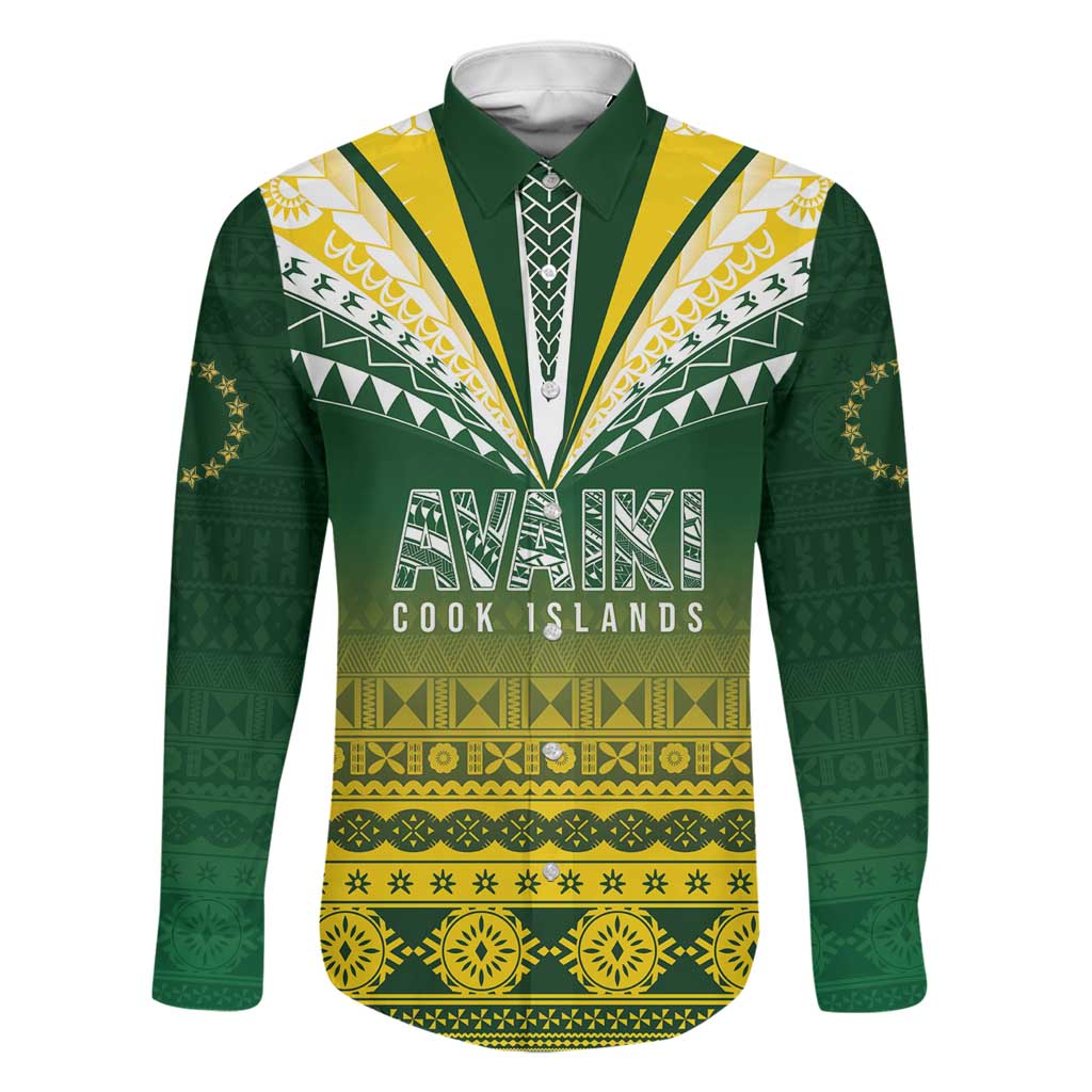 Cook Islands Rugby Custom Family Matching Puletasi and Hawaiian Shirt Kuki Avaiki LT7 Dad's Shirt - Long Sleeve Yellow Green - Polynesian Pride