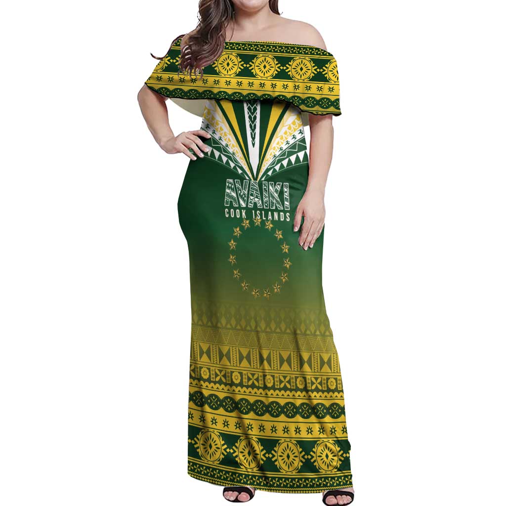 Cook Islands Rugby Custom Off Shoulder Maxi Dress Kuki Avaiki LT7 Women Yellow Green - Polynesian Pride