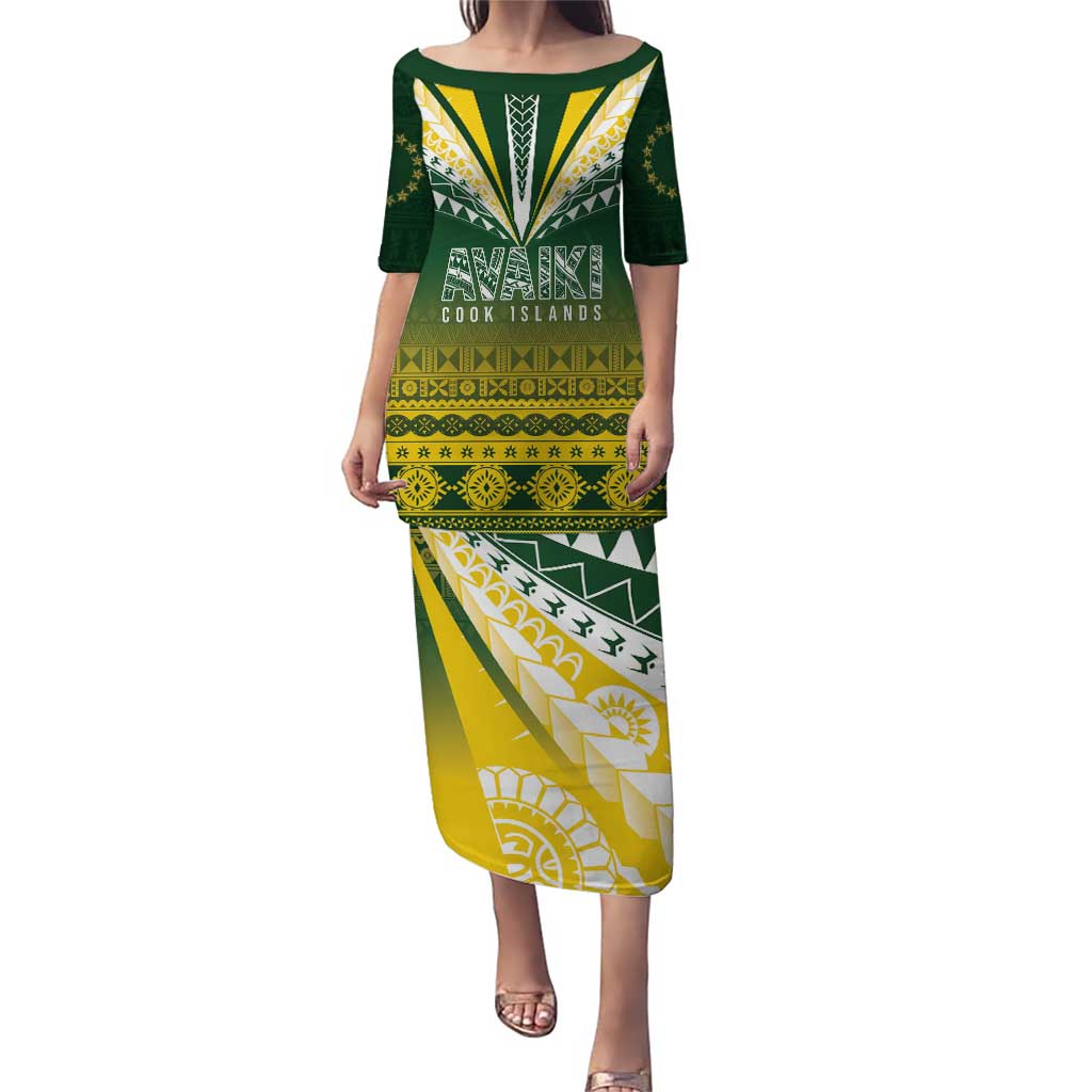 Cook Islands Rugby Custom Puletasi Kuki Avaiki LT7 Long Dress Yellow Green - Polynesian Pride