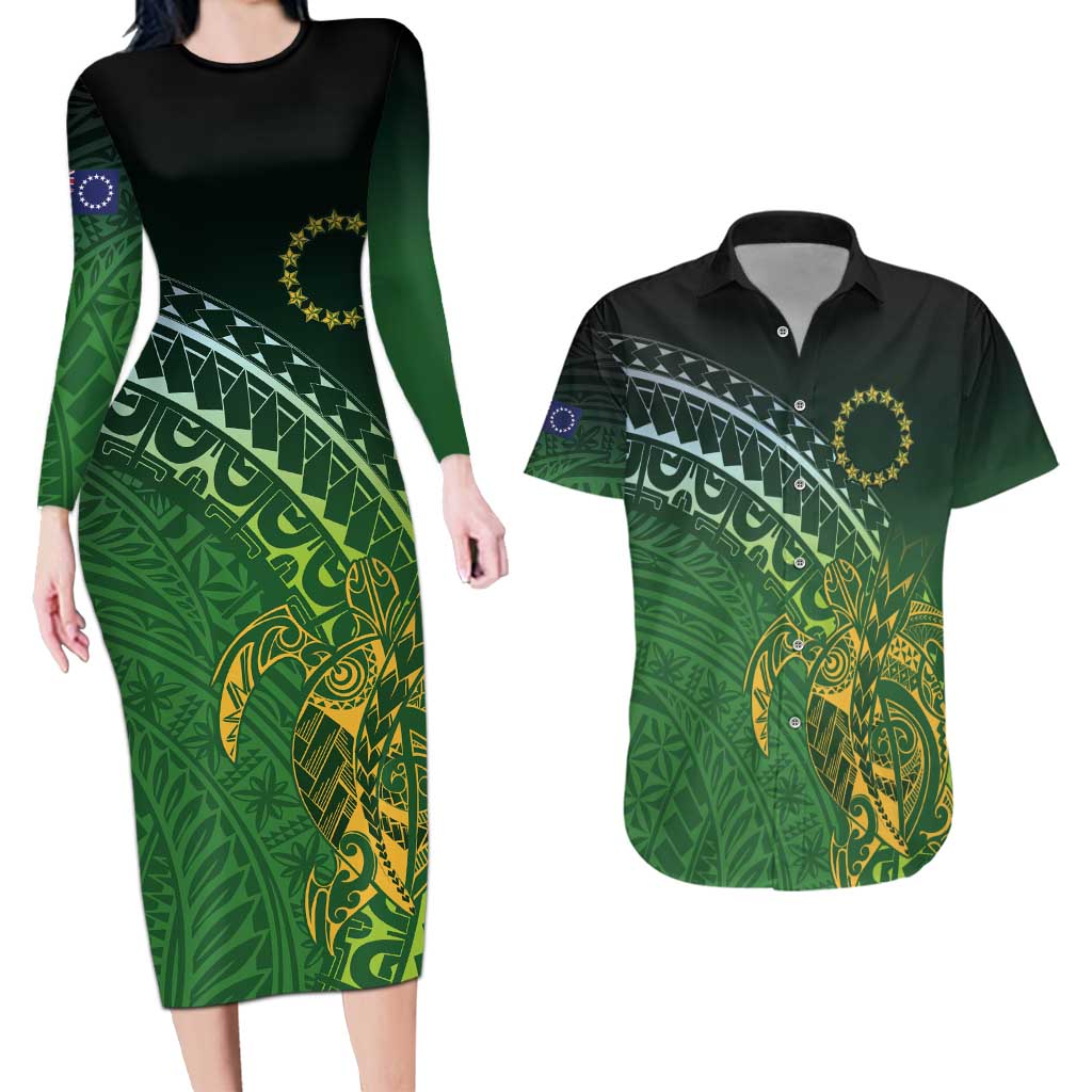 Cook Islands Rugby Kuki Avaiki Couples Matching Long Sleeve Bodycon Dress and Hawaiian Shirt Tribal Turtle - Polynesian Pride