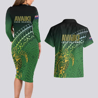 Cook Islands Rugby Kuki Avaiki Couples Matching Long Sleeve Bodycon Dress and Hawaiian Shirt Tribal Turtle - Polynesian Pride