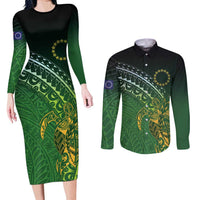 Cook Islands Rugby Kuki Avaiki Couples Matching Long Sleeve Bodycon Dress and Long Sleeve Button Shirt Tribal Turtle LT7 Dark Green - Polynesian Pride