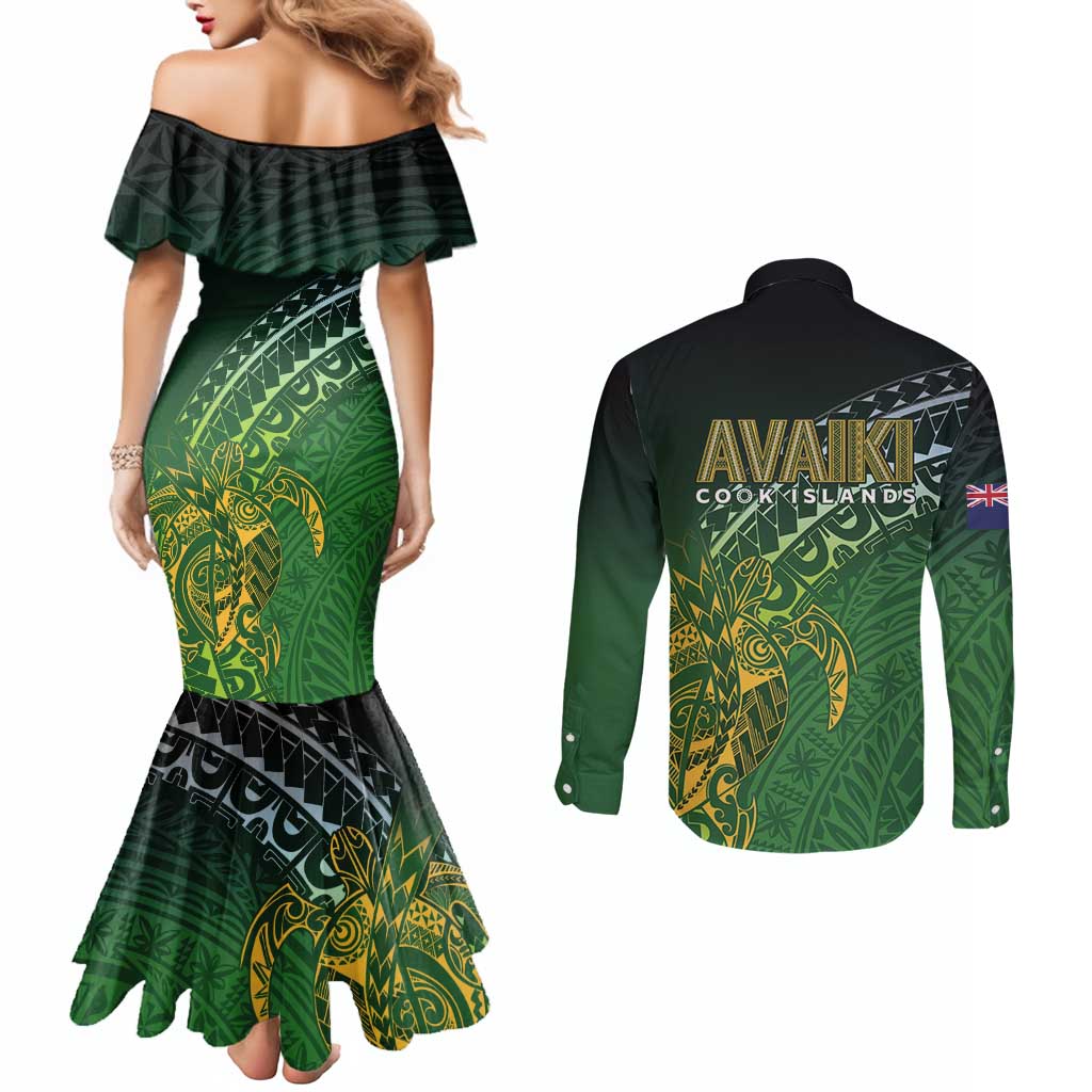Cook Islands Rugby Kuki Avaiki Couples Matching Mermaid Dress and Long Sleeve Button Shirt Tribal Turtle - Polynesian Pride