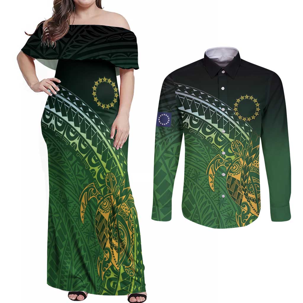 Cook Islands Rugby Kuki Avaiki Couples Matching Off Shoulder Maxi Dress and Long Sleeve Button Shirt Tribal Turtle LT7 Dark Green - Polynesian Pride