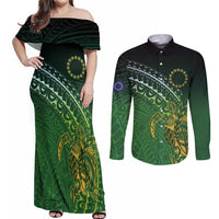 Cook Islands Rugby Kuki Avaiki Couples Matching Off Shoulder Maxi Dress and Long Sleeve Button Shirt Tribal Turtle LT7 Dark Green - Polynesian Pride