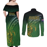 Cook Islands Rugby Kuki Avaiki Couples Matching Off Shoulder Maxi Dress and Long Sleeve Button Shirt Tribal Turtle LT7 - Polynesian Pride