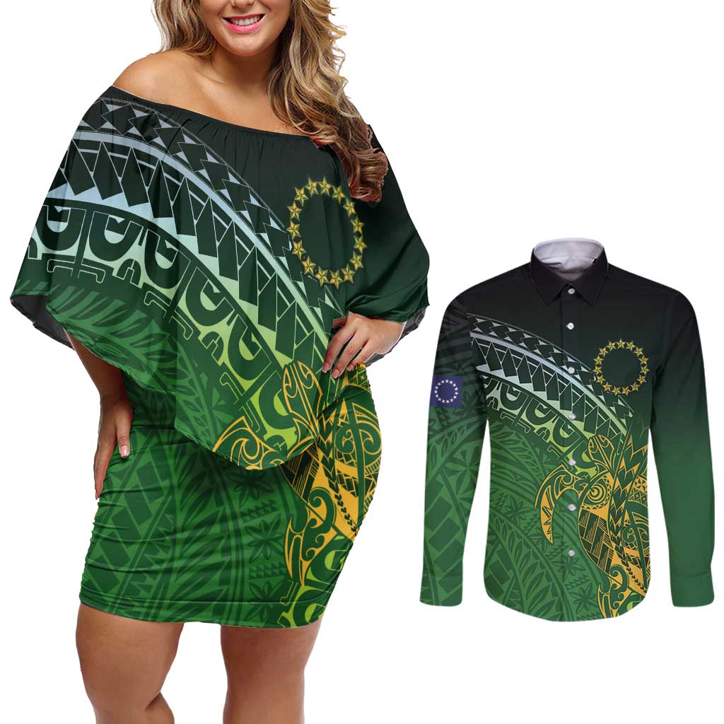Cook Islands Rugby Kuki Avaiki Couples Matching Off Shoulder Short Dress and Long Sleeve Button Shirt Tribal Turtle LT7 Dark Green - Polynesian Pride
