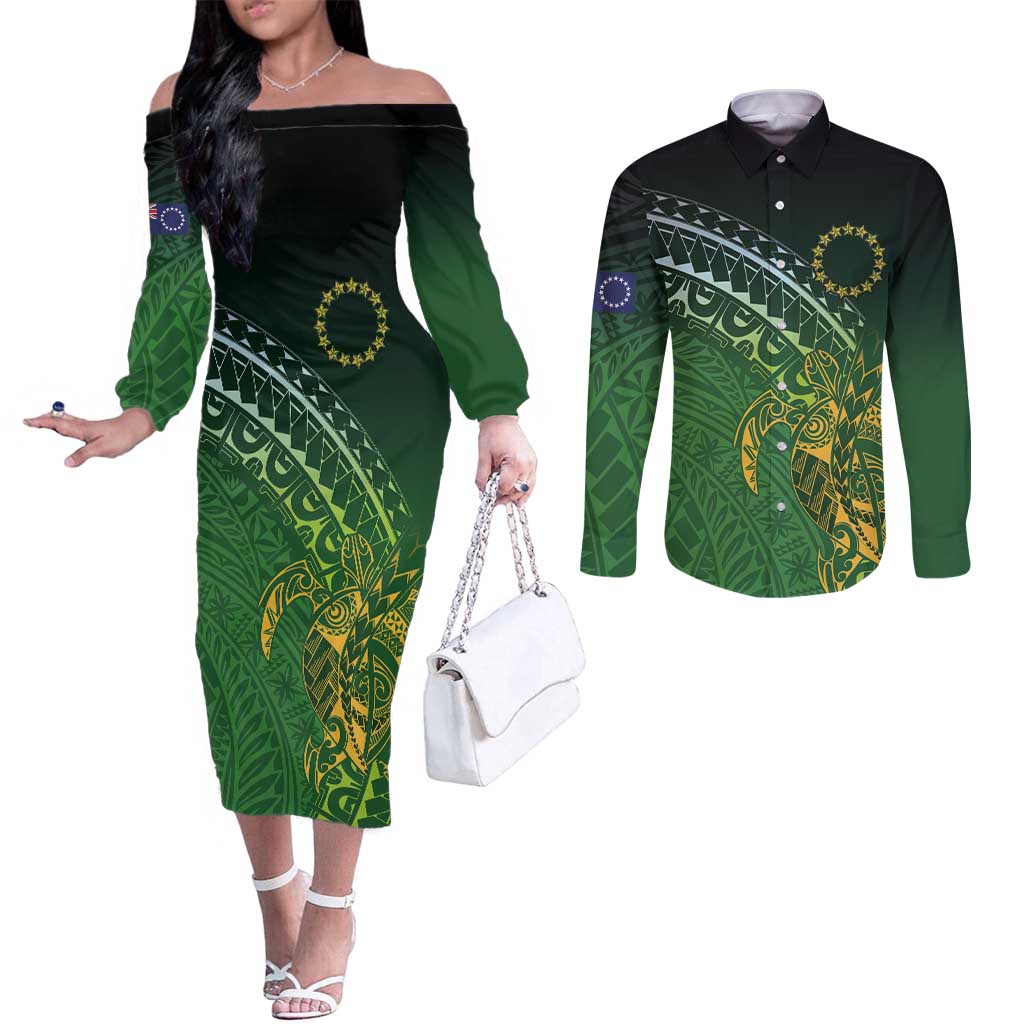 Cook Islands Rugby Kuki Avaiki Couples Matching Off The Shoulder Long Sleeve Dress and Long Sleeve Button Shirt Tribal Turtle LT7 Dark Green - Polynesian Pride