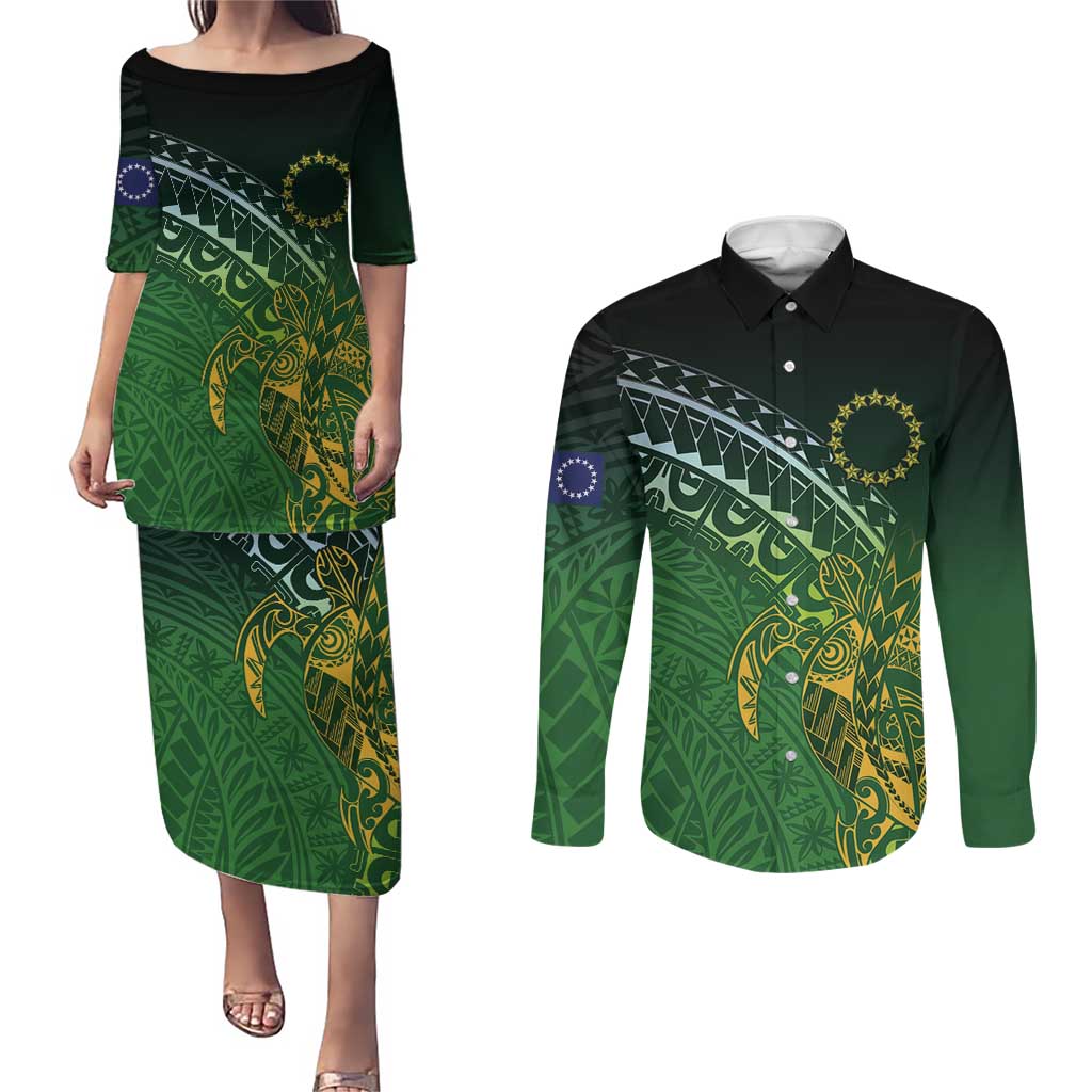 Cook Islands Rugby Kuki Avaiki Couples Matching Puletasi and Long Sleeve Button Shirt Tribal Turtle LT7 Dark Green - Polynesian Pride