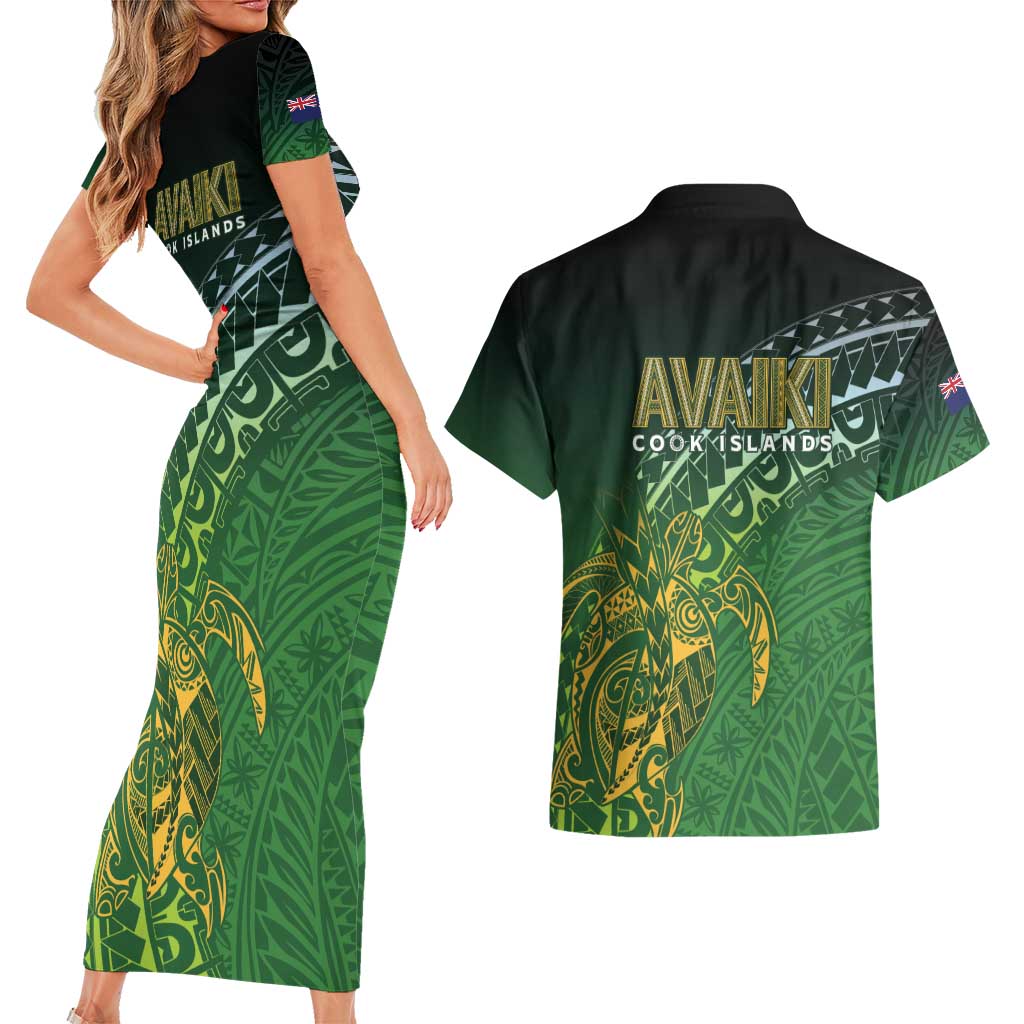 Cook Islands Rugby Kuki Avaiki Couples Matching Short Sleeve Bodycon Dress and Hawaiian Shirt Tribal Turtle - Polynesian Pride