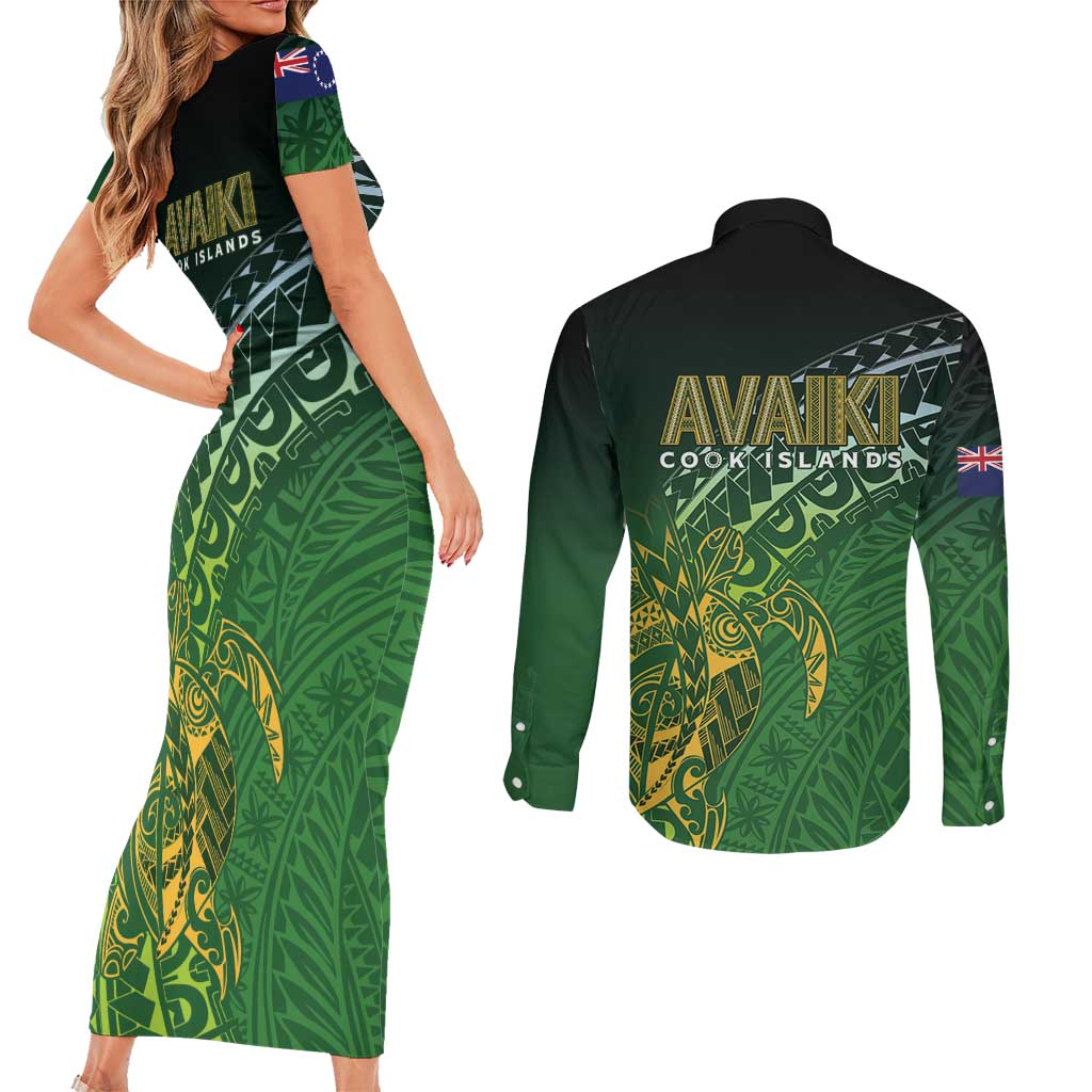 Cook Islands Rugby Kuki Avaiki Couples Matching Short Sleeve Bodycon Dress and Long Sleeve Button Shirt Tribal Turtle - Polynesian Pride
