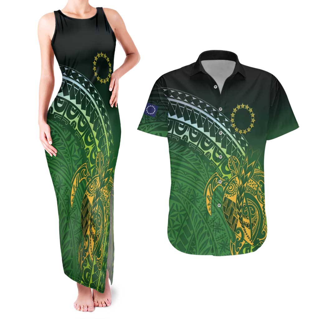 Cook Islands Rugby Kuki Avaiki Couples Matching Tank Maxi Dress and Hawaiian Shirt Tribal Turtle - Polynesian Pride