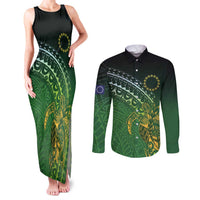 Cook Islands Rugby Kuki Avaiki Couples Matching Tank Maxi Dress and Long Sleeve Button Shirt Tribal Turtle LT7 Dark Green - Polynesian Pride