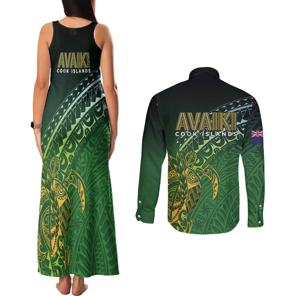 Cook Islands Rugby Kuki Avaiki Couples Matching Tank Maxi Dress and Long Sleeve Button Shirt Tribal Turtle LT7 - Polynesian Pride
