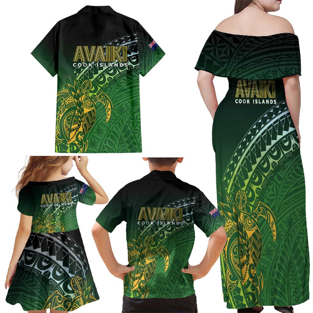 Cook Islands Rugby Kuki Avaiki Family Matching Off Shoulder Maxi Dress and Hawaiian Shirt Tribal Turtle - Polynesian Pride