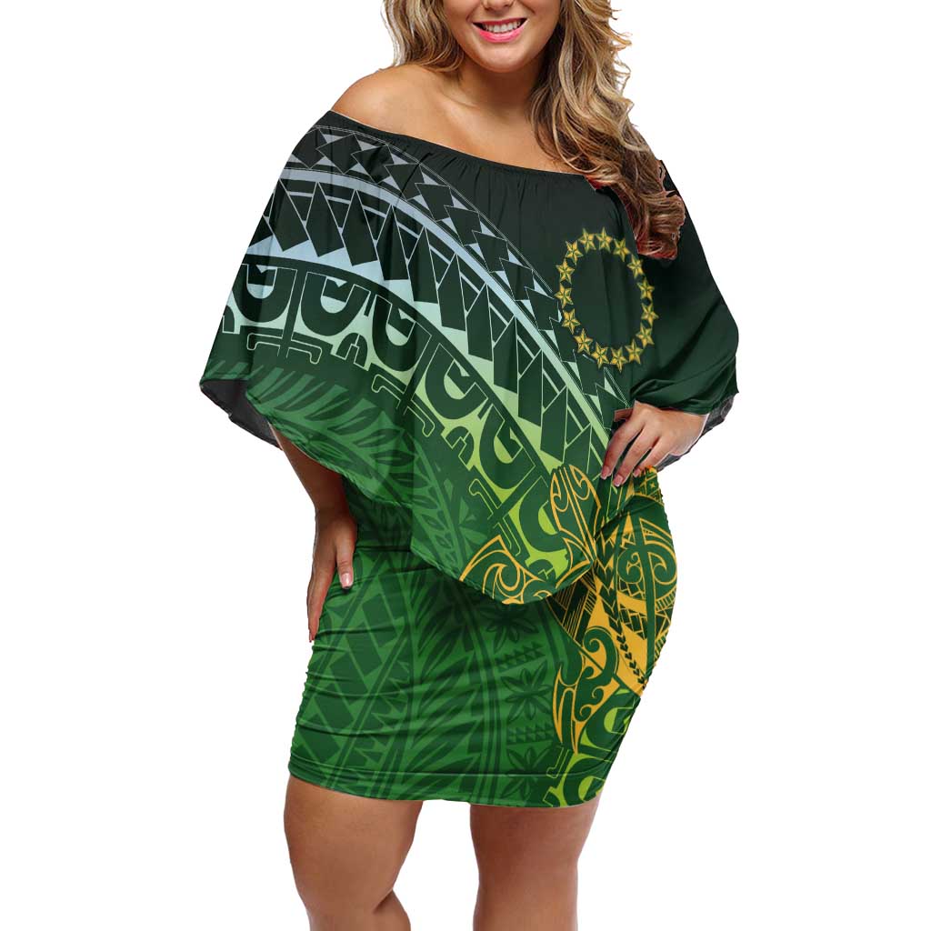 Cook Islands Rugby Kuki Avaiki Family Matching Off Shoulder Short Dress and Hawaiian Shirt Tribal Turtle - Polynesian Pride