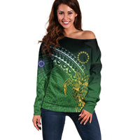 Cook Islands Rugby Kuki Avaiki Off Shoulder Sweater Tribal Turtle LT7 Women Dark Green - Polynesian Pride