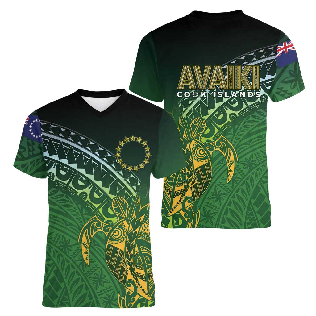 Cook Islands Rugby Kuki Avaiki Women V-Neck T-Shirt Tribal Turtle LT7 - Polynesian Pride