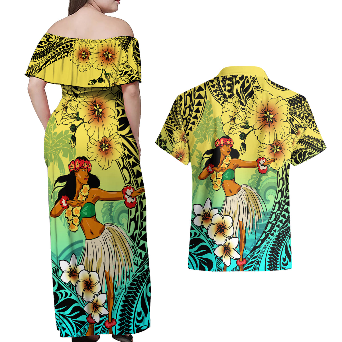 Honolulu Hawaii Couples Matching Off Shoulder Maxi Dress and Hawaiian Shirt Ilima Plumeria with Hula Girl LT7 - Polynesian Pride