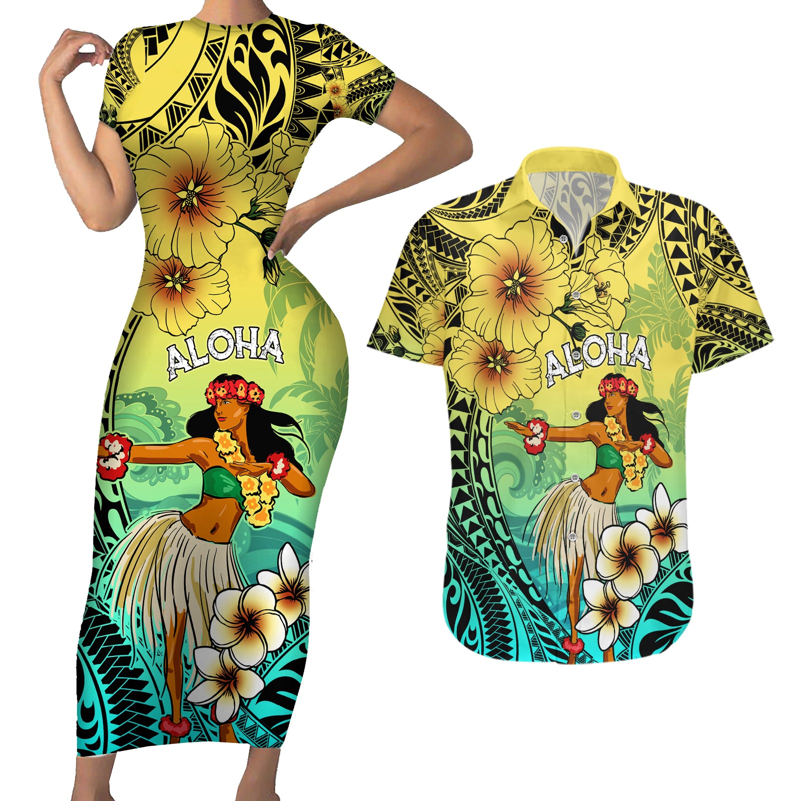 Honolulu Hawaii Couples Matching Short Sleeve Bodycon Dress and Hawaiian Shirt Ilima Plumeria with Hula Girl LT7 Colorful - Polynesian Pride