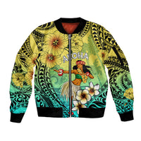Honolulu Hawaii Sleeve Zip Bomber Jacket Ilima Plumeria with Hula Girl LT7 Unisex Colorful - Polynesian Pride