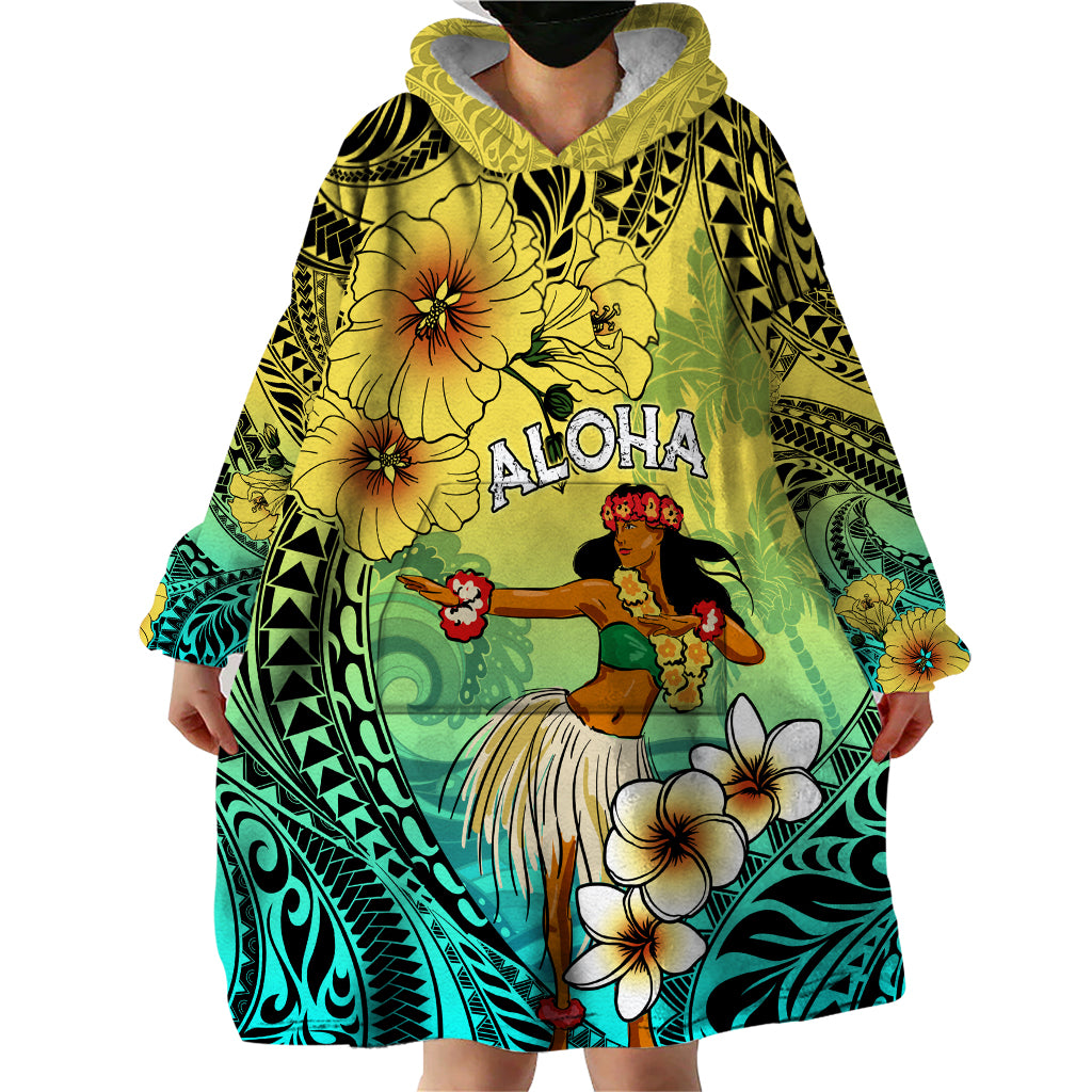 Honolulu Hawaii Wearable Blanket Hoodie Ilima Plumeria with Hula Girl LT7 - Polynesian Pride